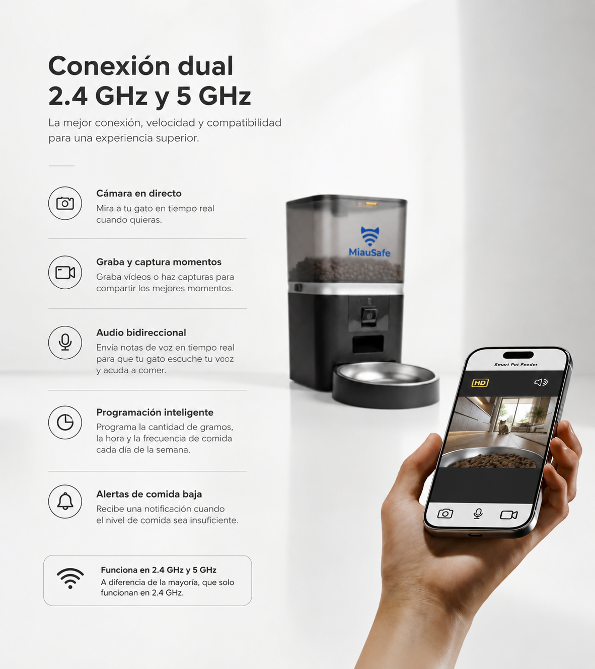 MiauSafe Comedero Doble Inteligente WiFi con Cámara HD